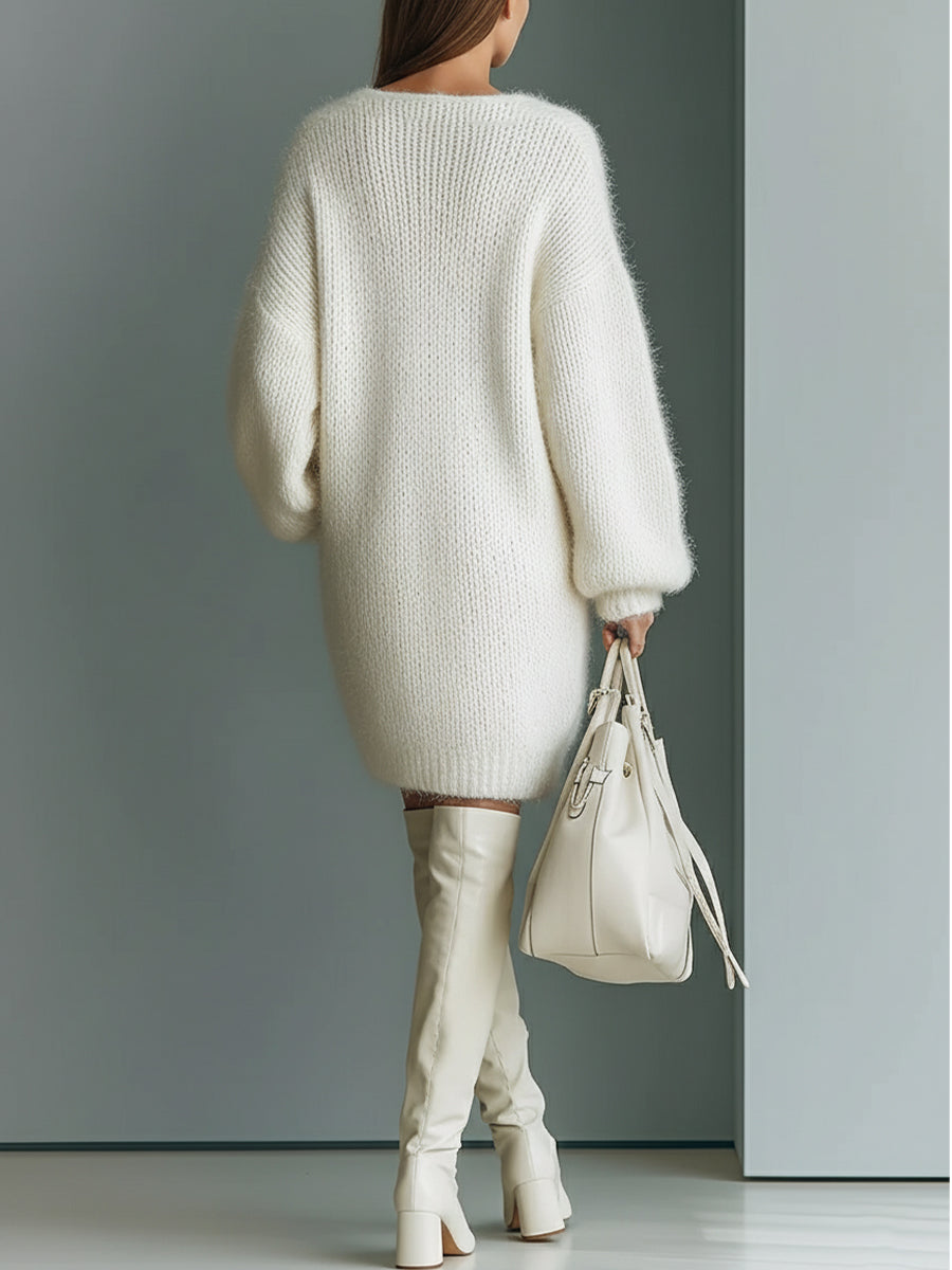 White V-Neck Knit Mini Dress with Long Sleeves