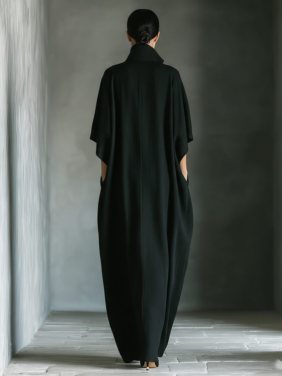 Relaxed V-Neck Maxi Dress with Wide Sleeves and Pockets