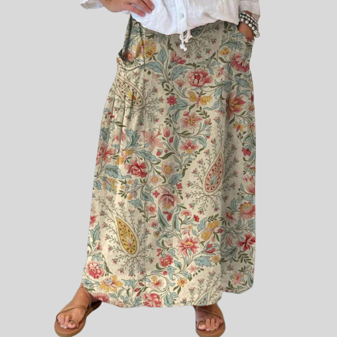 Women's Vintage Floral Art Printed Linen Pocket Skirt