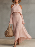Women's Blush Chiffon Dress With Halter Neck & Cold-Shoulder Sleeves, Timeless Boho-Elegant Style Dress