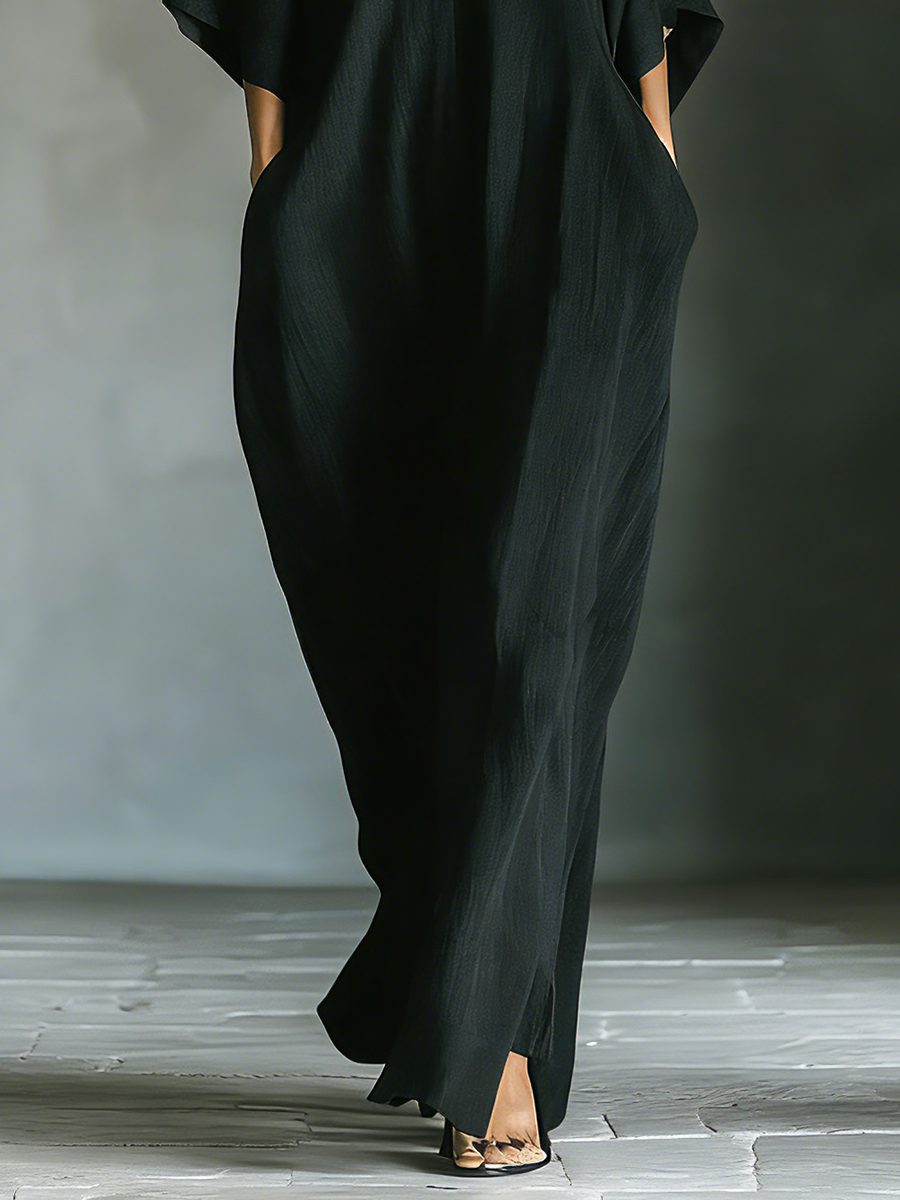 Relaxed V-Neck Maxi Dress with Wide Sleeves and Pockets