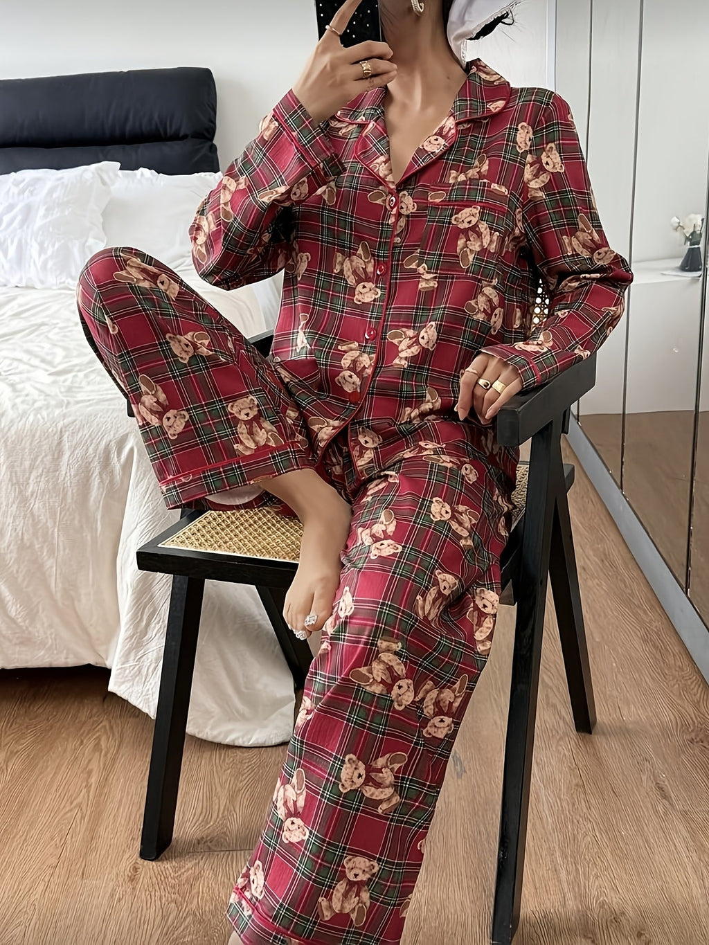 Cozy Bear Plaid Christmas Holiday Pajamas for Women with Notched Collar Long Sleeve Two Piece Style