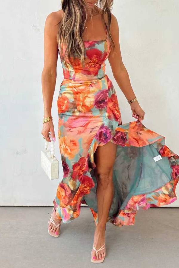 Elegant Open Back Satin Dress in Floral Print