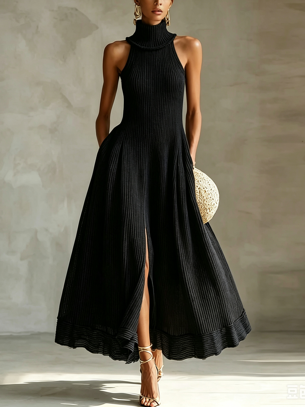 Black Turtleneck Knit Maxi Dress with High Slit and A-Line Skirt