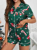 Cozy Candy Cane Print Christmas Holiday Pajamas for Women with Notch Collar Short Sleeve Two Piece Style