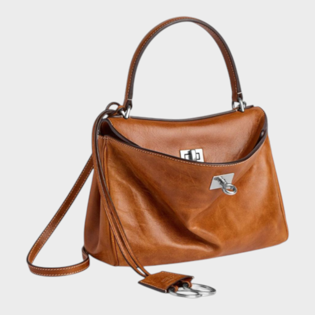 Structured Leather Handbag with Magnetic Flap Closure