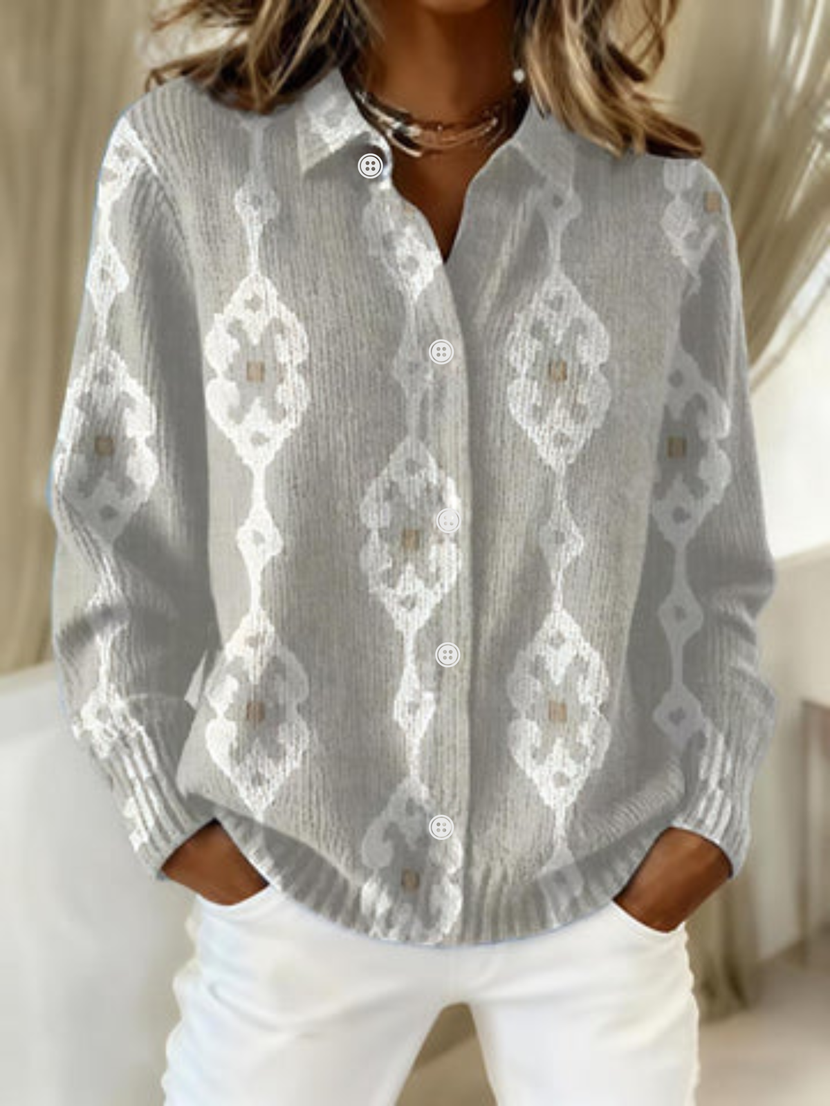 Renee™ – Elegant Knit Hoodie Blouse with Diamond Pattern