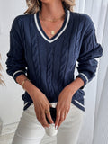 Comfortable Cable Knit Sweater for Women with V Neck Long Sleeve Striped Trim Relaxed Oversized Style