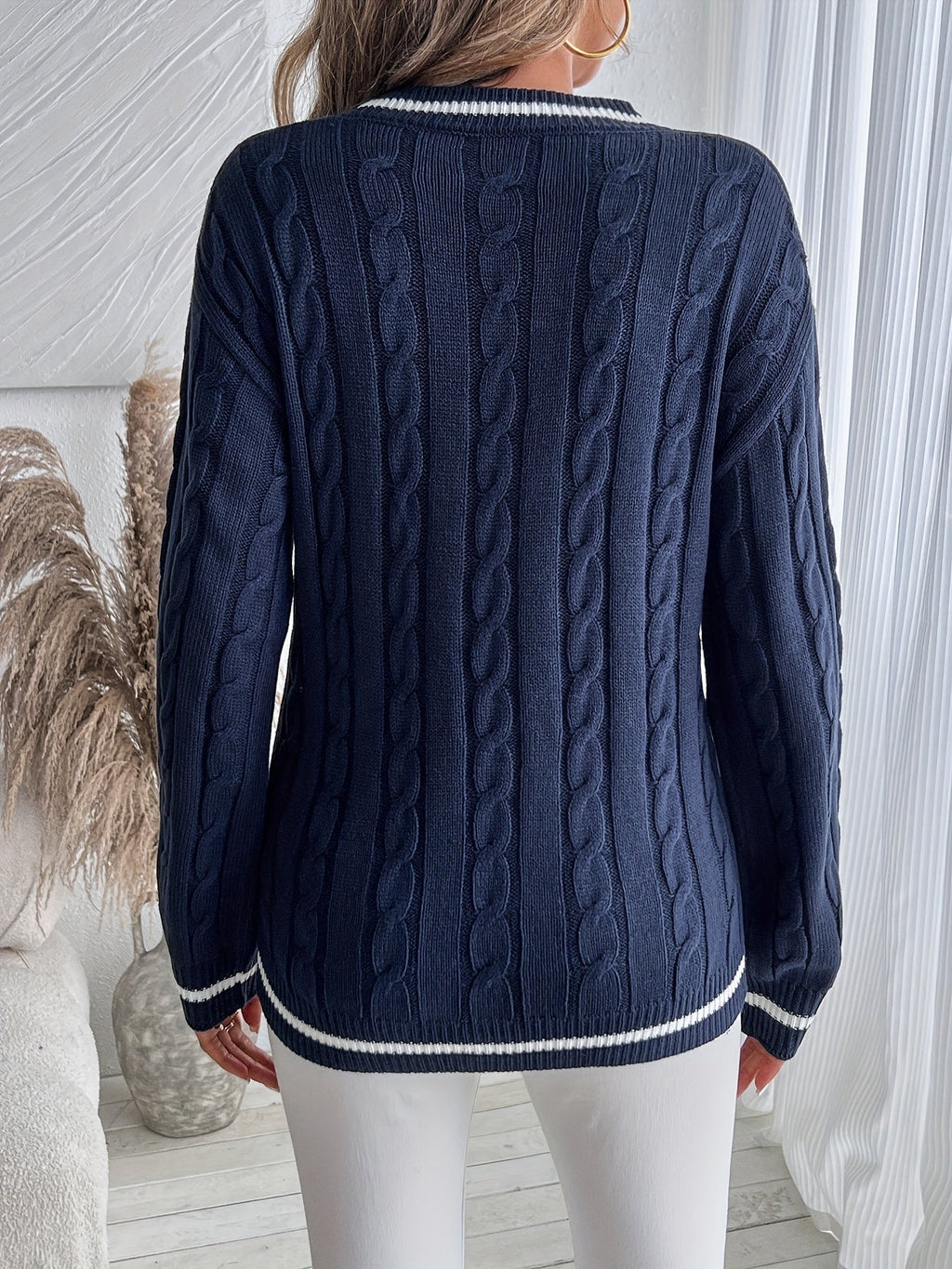 Comfortable Cable Knit Sweater for Women with V Neck Long Sleeve Striped Trim Relaxed Oversized Style