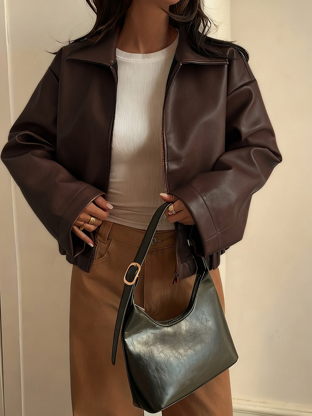 Cropped Brown Faux Leather Jacket with Point Collar and Full Zip