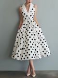 Women's Elegant Black And White Polka Dot Woven Collared Sleeveless Midi Dress