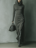 Women's Dark Grey High Elastic Knitted Hooded Maxi Dress