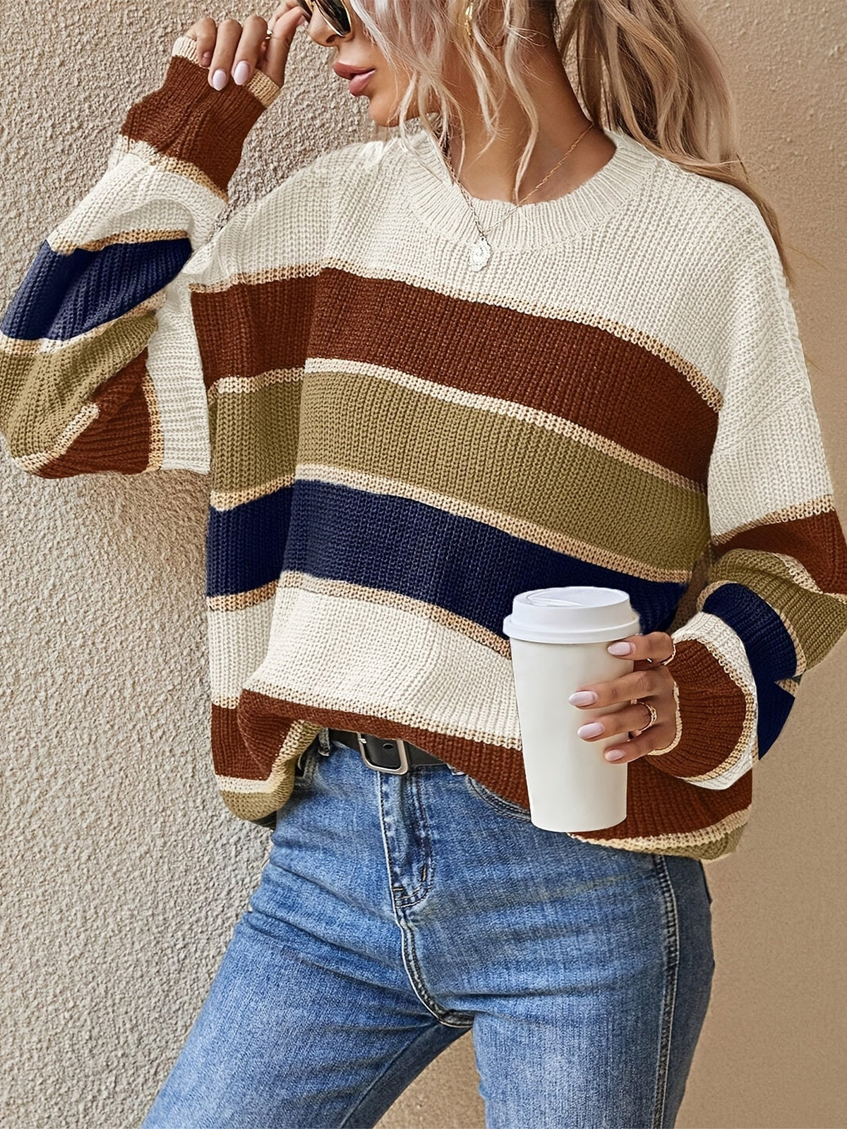 Comfortable Striped Color Block Sweater for Women with Crew Neck Long Sleeve Relaxed Oversized Knit Style