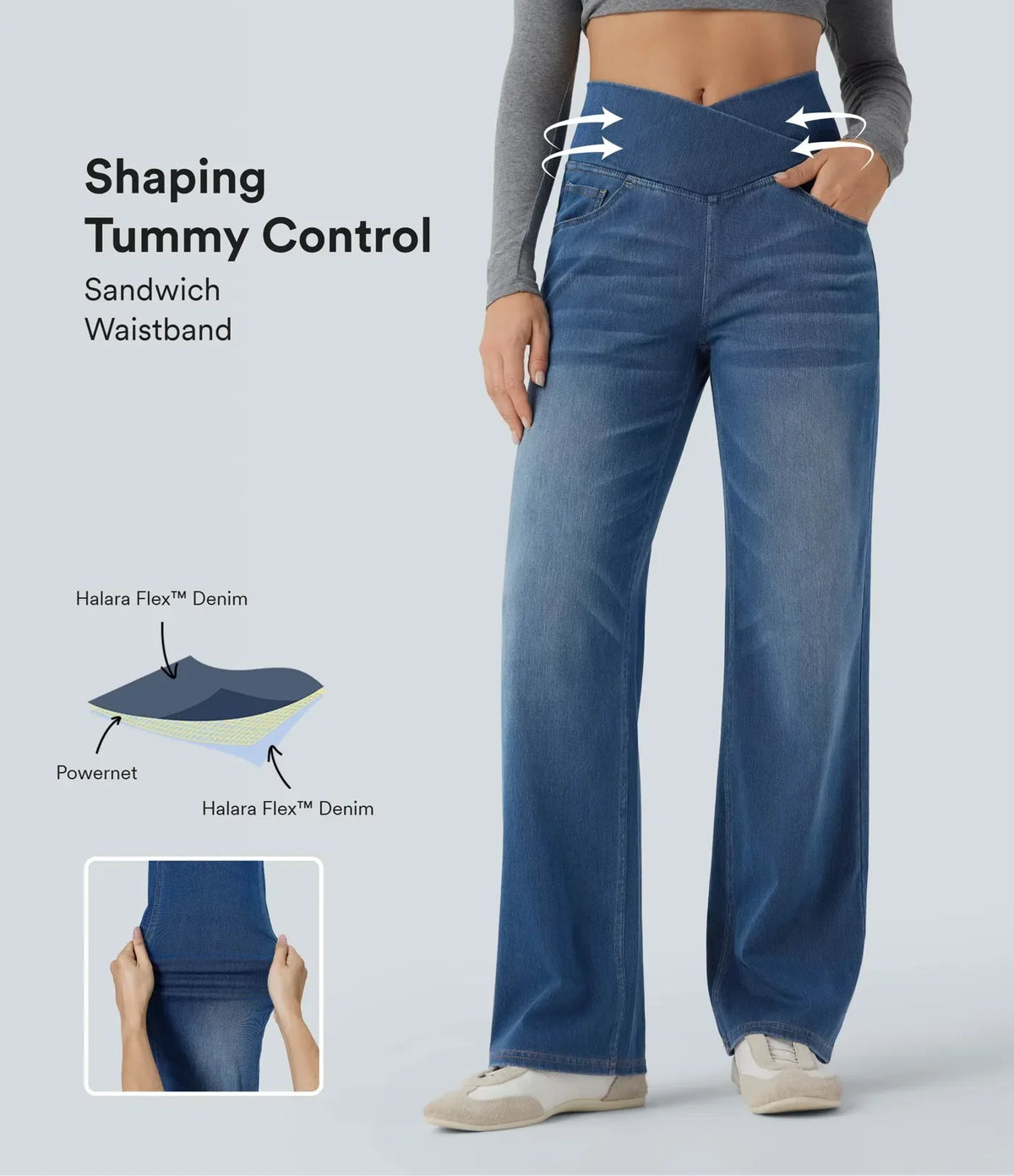 UltraStretch™ Crossover High Waisted Tummy Control Casual Straight Leg Jeans with Pockets