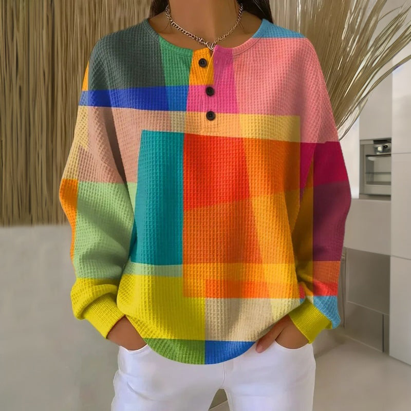 Comfortable Multicolor Colorblock Crewneck Sweater for Women with Button Front Long Sleeve Oversized Waffle Knit Style