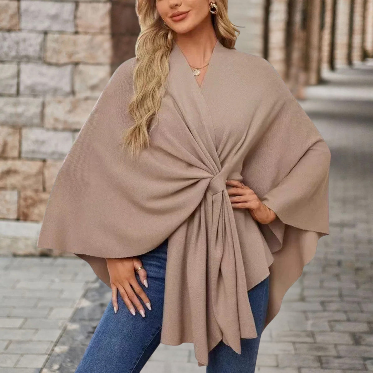 Elegant Knit Poncho for Women with V Neck Batwing Sleeve Tie Waist Wrap Style