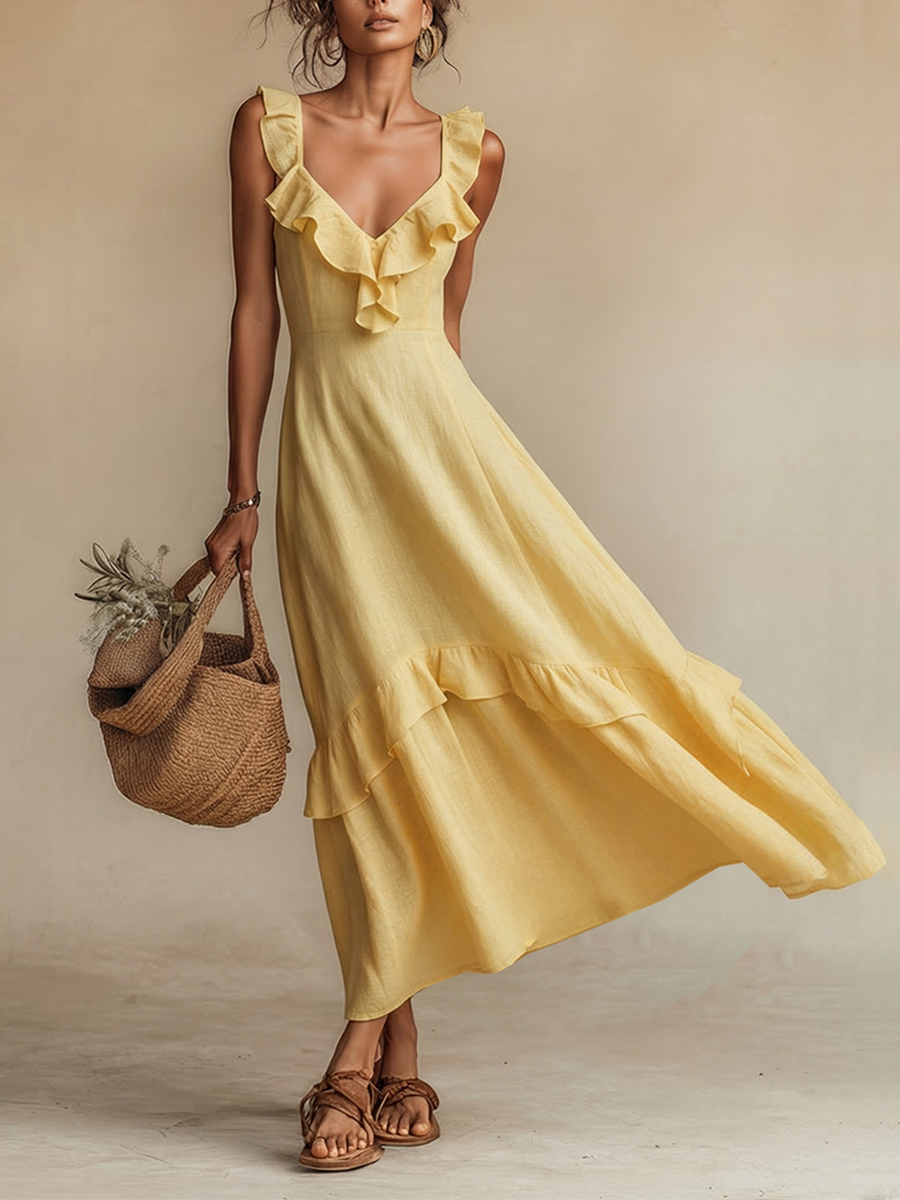 Women's Yellow Linen Dress With Ruffle V-Neck & Ruffled Hem, Timeless Boho-Resort Style Dress