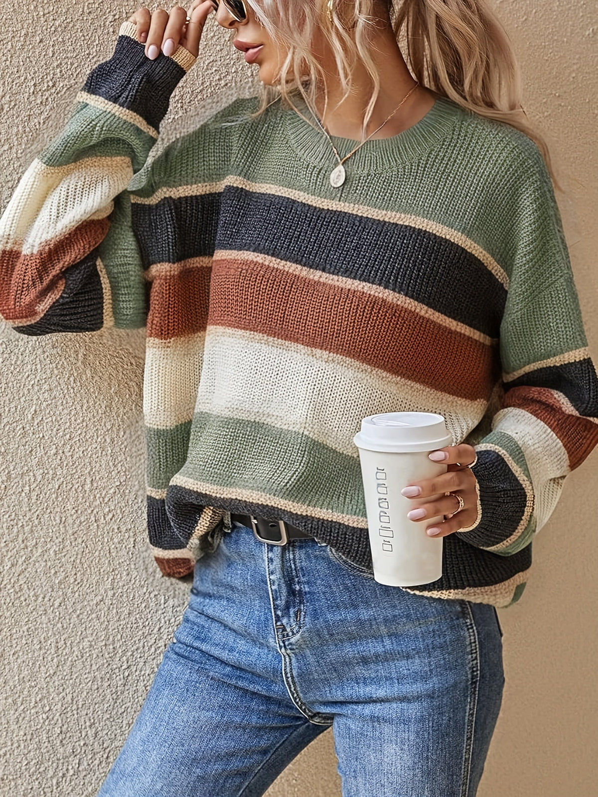Comfortable Striped Color Block Sweater for Women with Crew Neck Long Sleeve Relaxed Oversized Knit Style