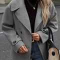 Elegant Dark Gray Wool High Pea Coat for Women with Notched Lapel Long Sleeve Double Breasted Oversized Style