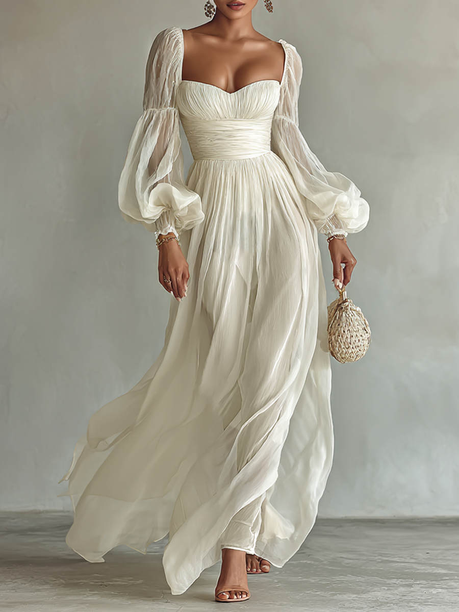 Square Neck Long Sleeve Chiffon Dress with Cinched Waist in Ankle Length