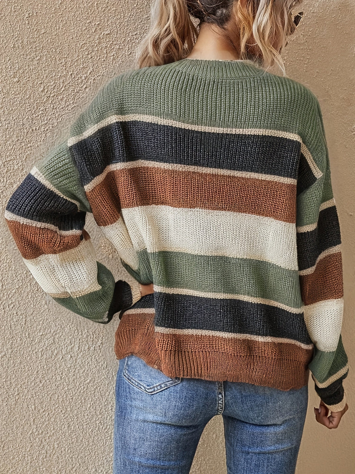 Comfortable Striped Color Block Sweater for Women with Crew Neck Long Sleeve Relaxed Oversized Knit Style