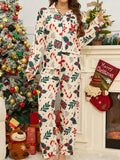 Cozy White Candy Cane Print Christmas Pajamas for Women with Notch Collar Long Sleeve Button Front Two Piece Style