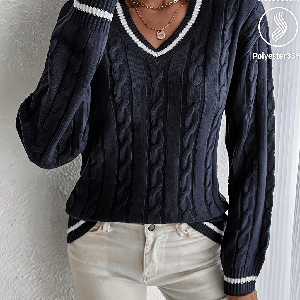 Comfortable Cable Knit Sweater for Women with V Neck Long Sleeve Striped Trim Relaxed Oversized Style
