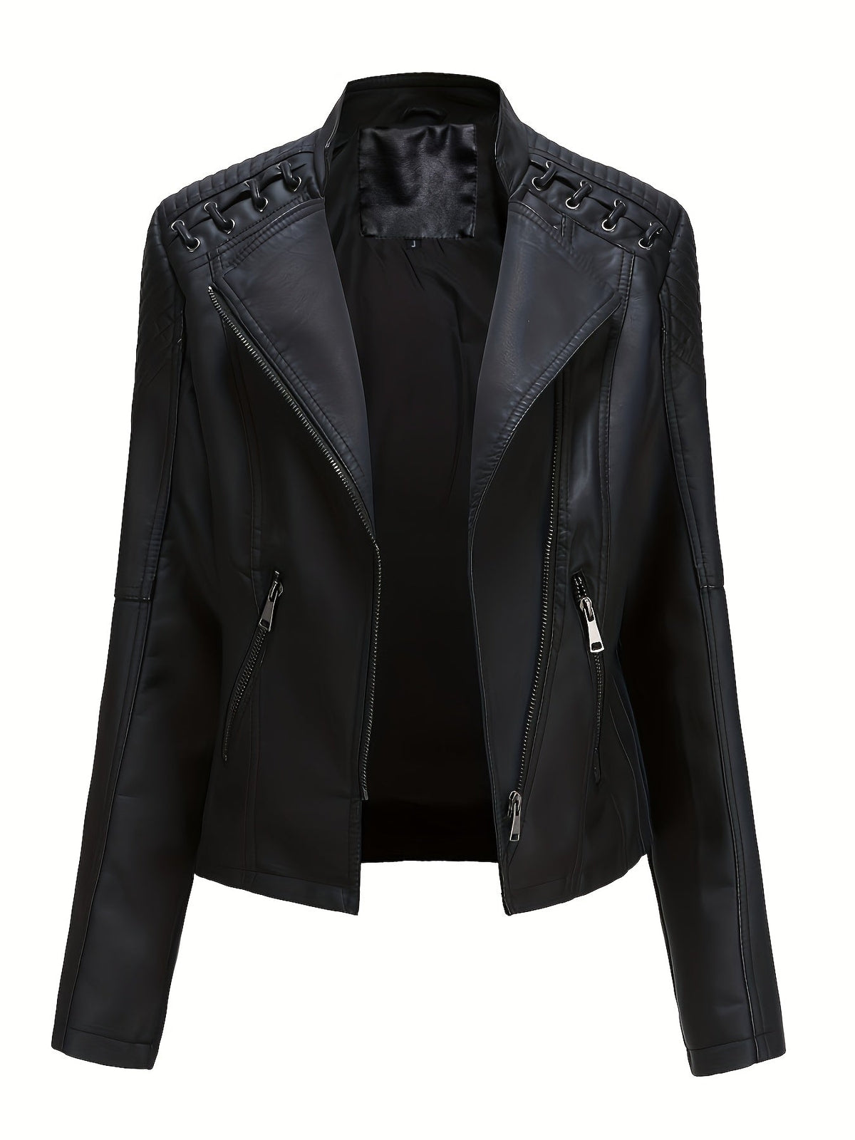 Elegant Leather Moto Jacket for Women with Notch Lapel Zip Front Studded Shoulder
