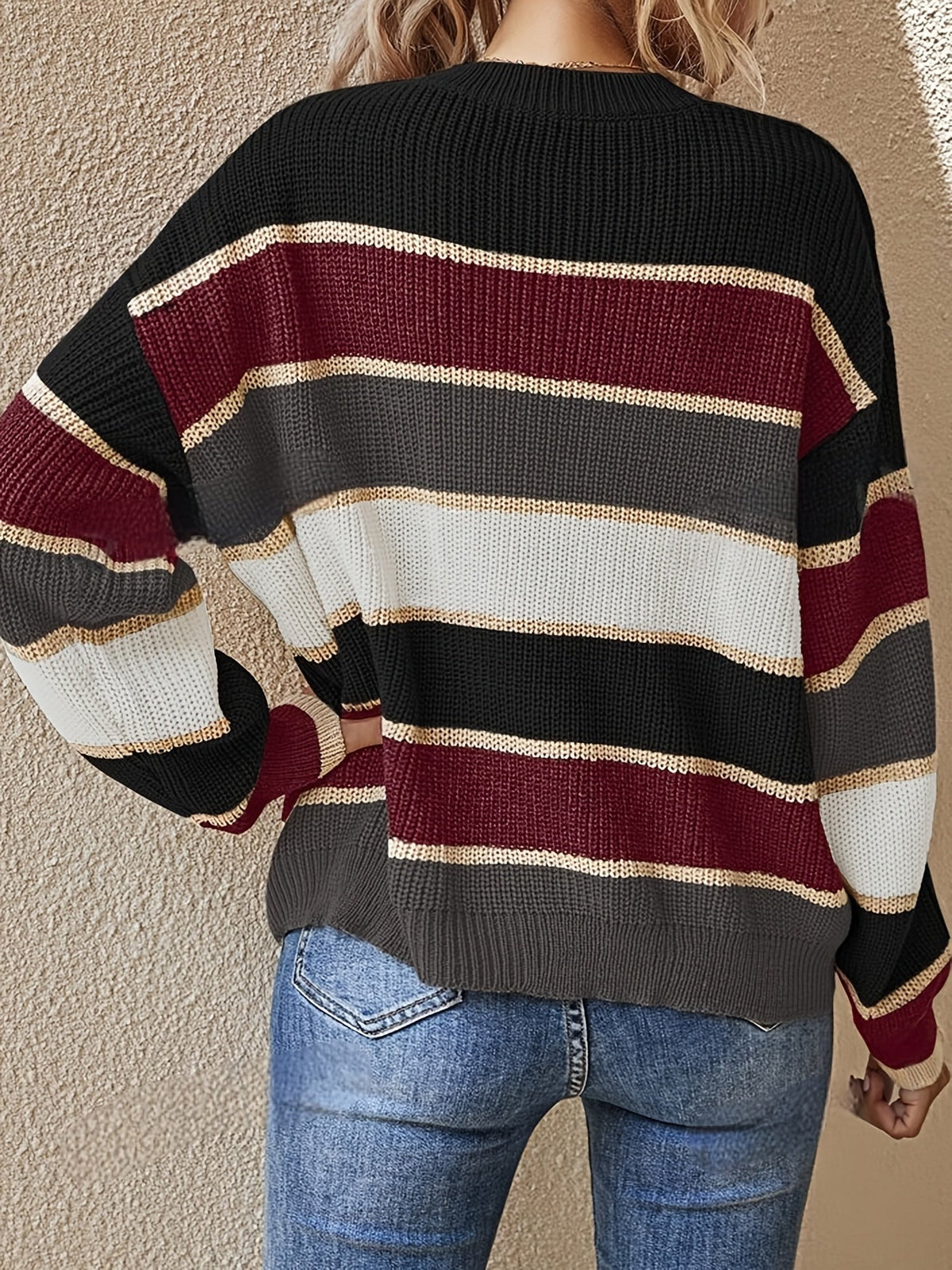 Comfortable Striped Color Block Sweater for Women with Crew Neck Long Sleeve Relaxed Oversized Knit Style