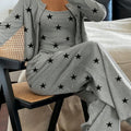 Comfortable Mixed Color Star Print Three Piece Pajama Set for Women with Round Neck Long Sleeve Cardigan Wide Leg Pant Relaxed Style