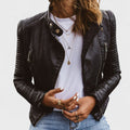 Elegant Black Leather Jacket for Women with Snap Collar Long Sleeve Quilted Cropped Casual Style