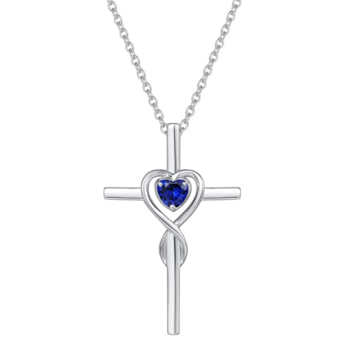 Sapphire Heart Stone Cross Necklace | White Gold
