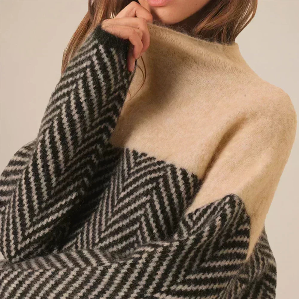 Comfortable Herringbone Colorblock Sweater for Women with Turtleneck Long Sleeve Oversized Knit Style