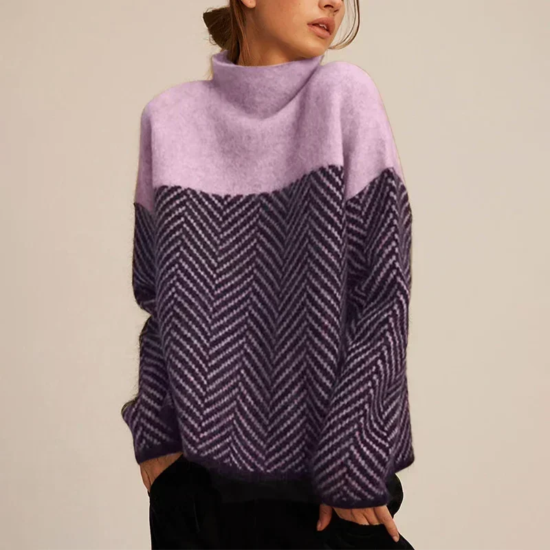 Comfortable Herringbone Colorblock Sweater for Women with Turtleneck Long Sleeve Oversized Knit Style