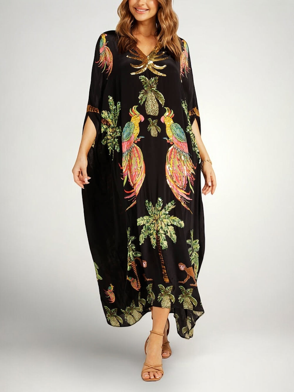 Drop Shoulder Printed Dress with Palm Tree Motif