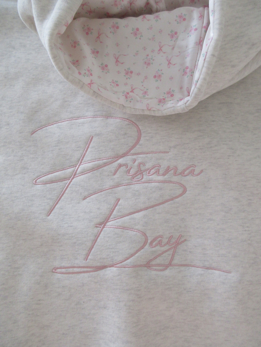 Comfortable Heather Gray Embroidered Bow Hoodie for Women with Hooded Long Sleeve Floral Lined Oversized Knit Style
