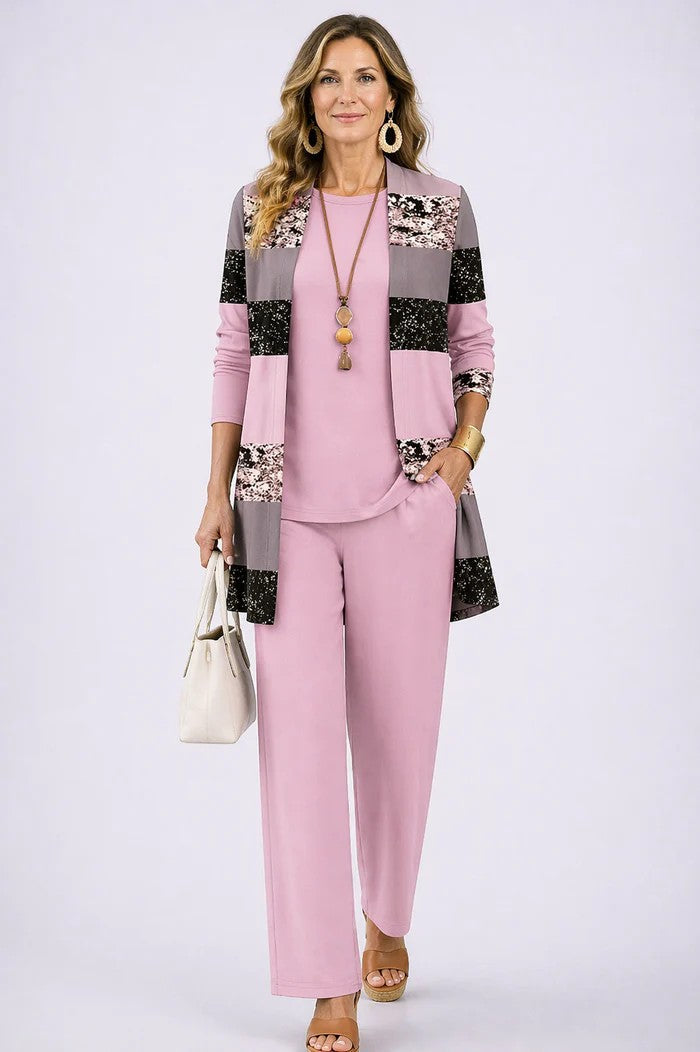 Three-Piece Co-ord Set with Longline Cardigan and Printed Trousers
