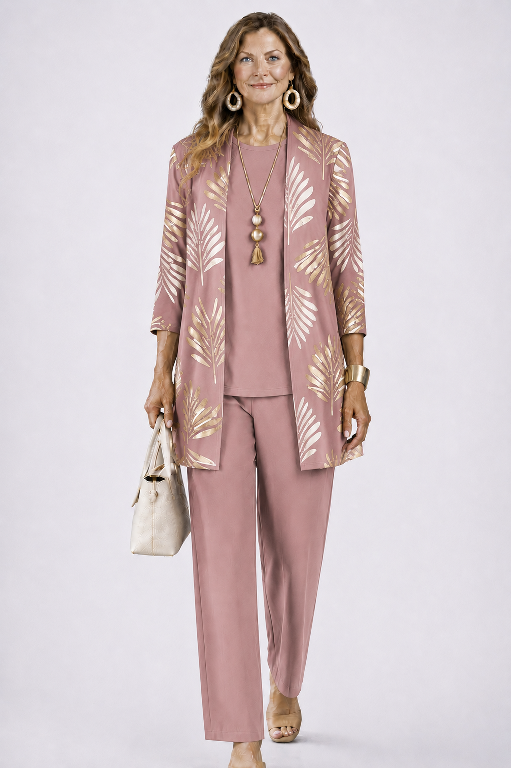 Longline Cardigan Set with Inner Top and Printed Trousers