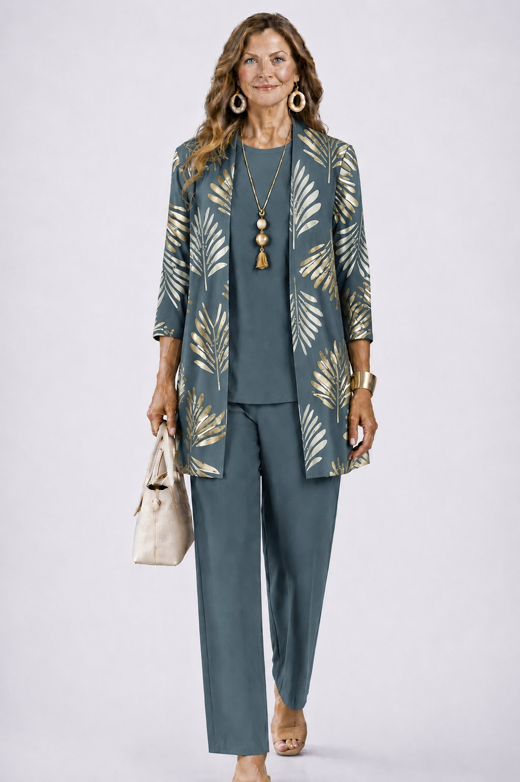 Longline Cardigan Set with Inner Top and Printed Trousers