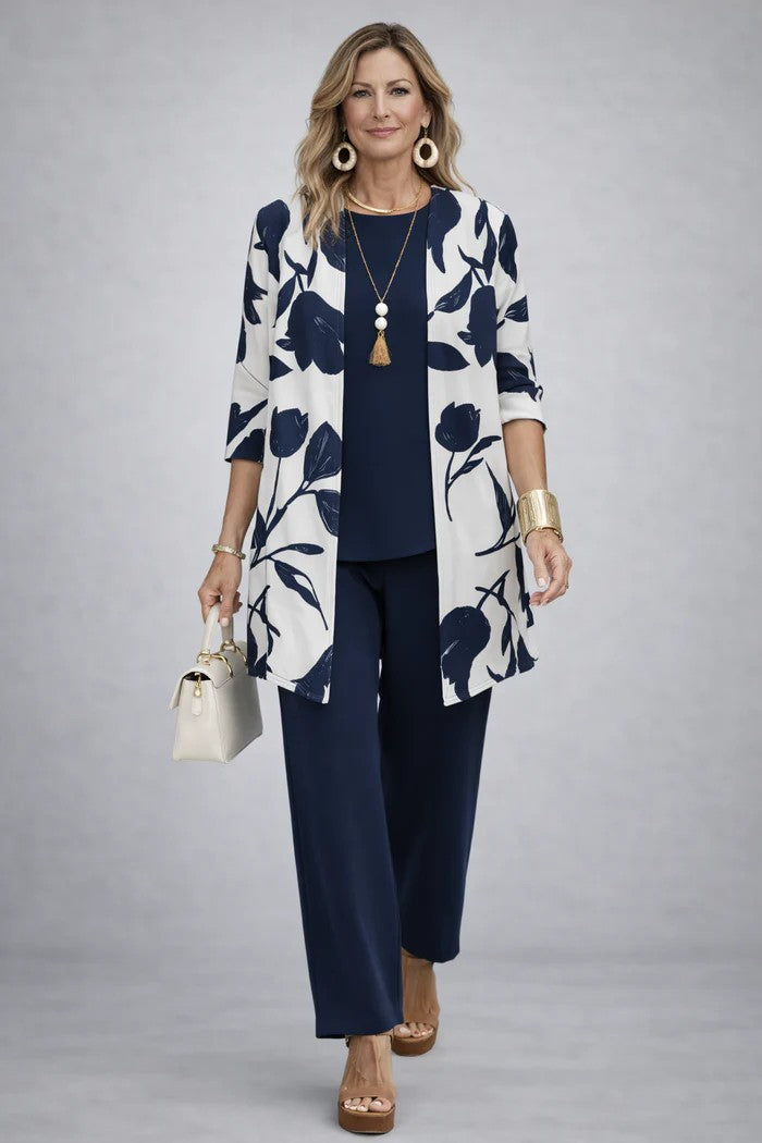 Longline Cardigan Set with Inner Top and Printed Trousers