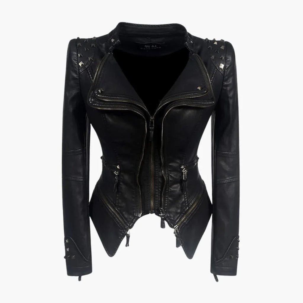 Fitted Black Leather-Look Jacket with Peplum Hem and Zip Cuffs
