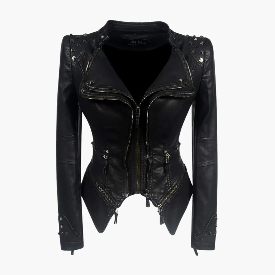 Fitted Black Leather-Look Jacket with Peplum Hem and Zip Cuffs