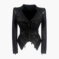 Black Faux Leather Peplum Biker Jacket with Studded Shoulders