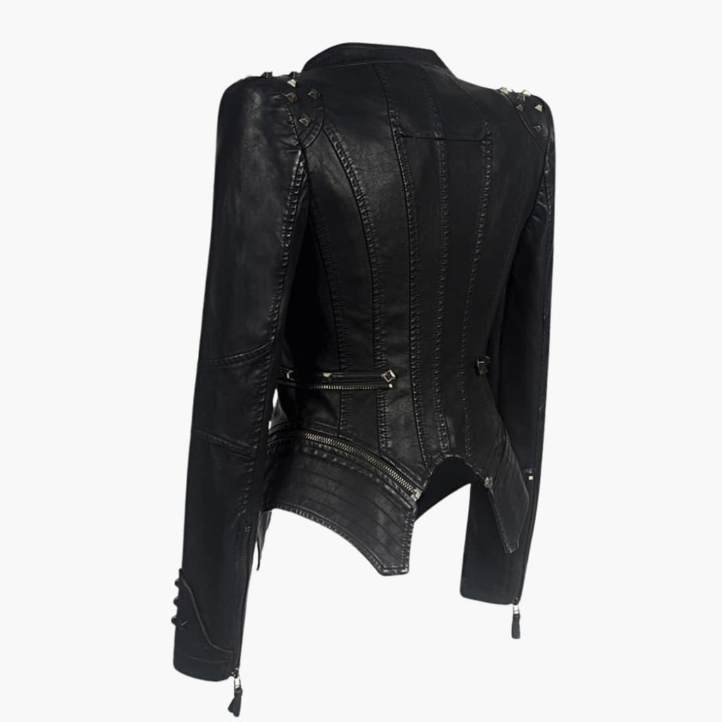 Black Faux Leather Peplum Biker Jacket with Studded Shoulders