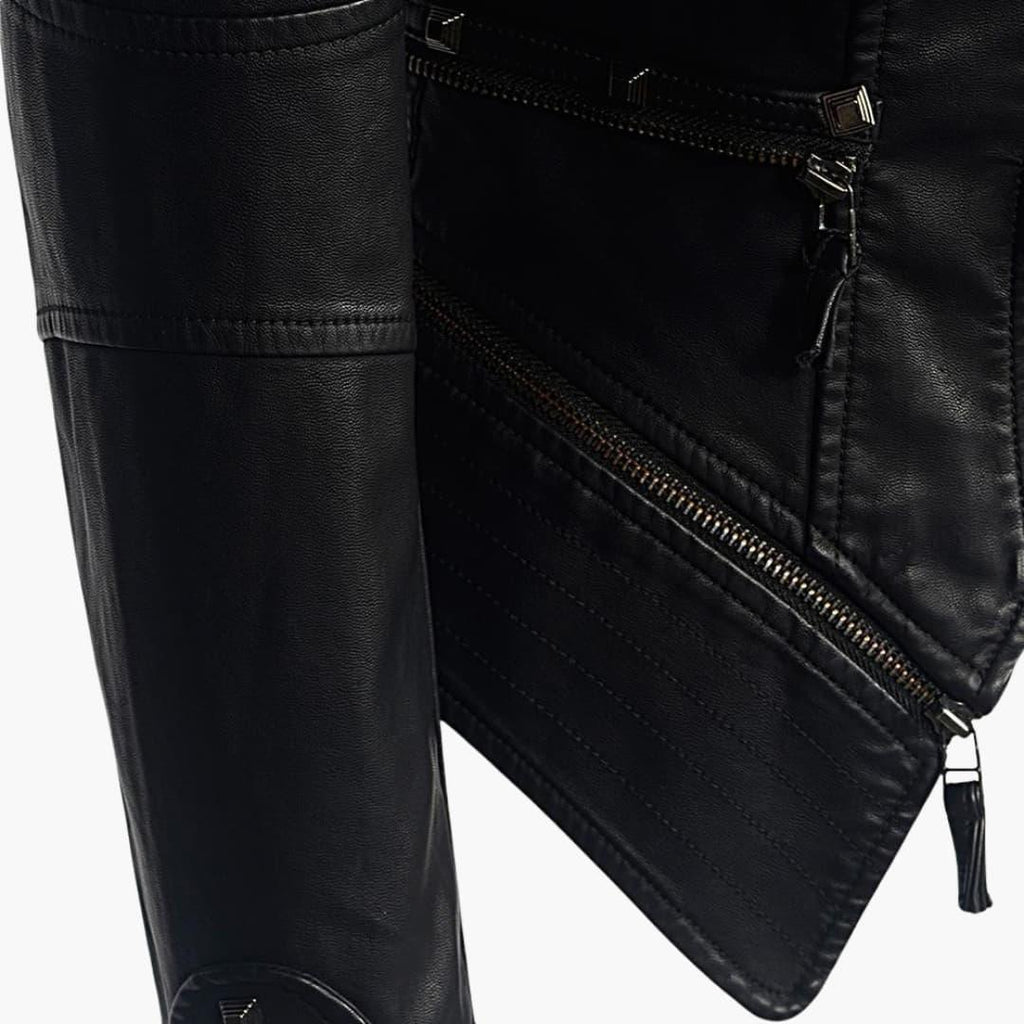 Black Faux Leather Peplum Biker Jacket with Studded Shoulders
