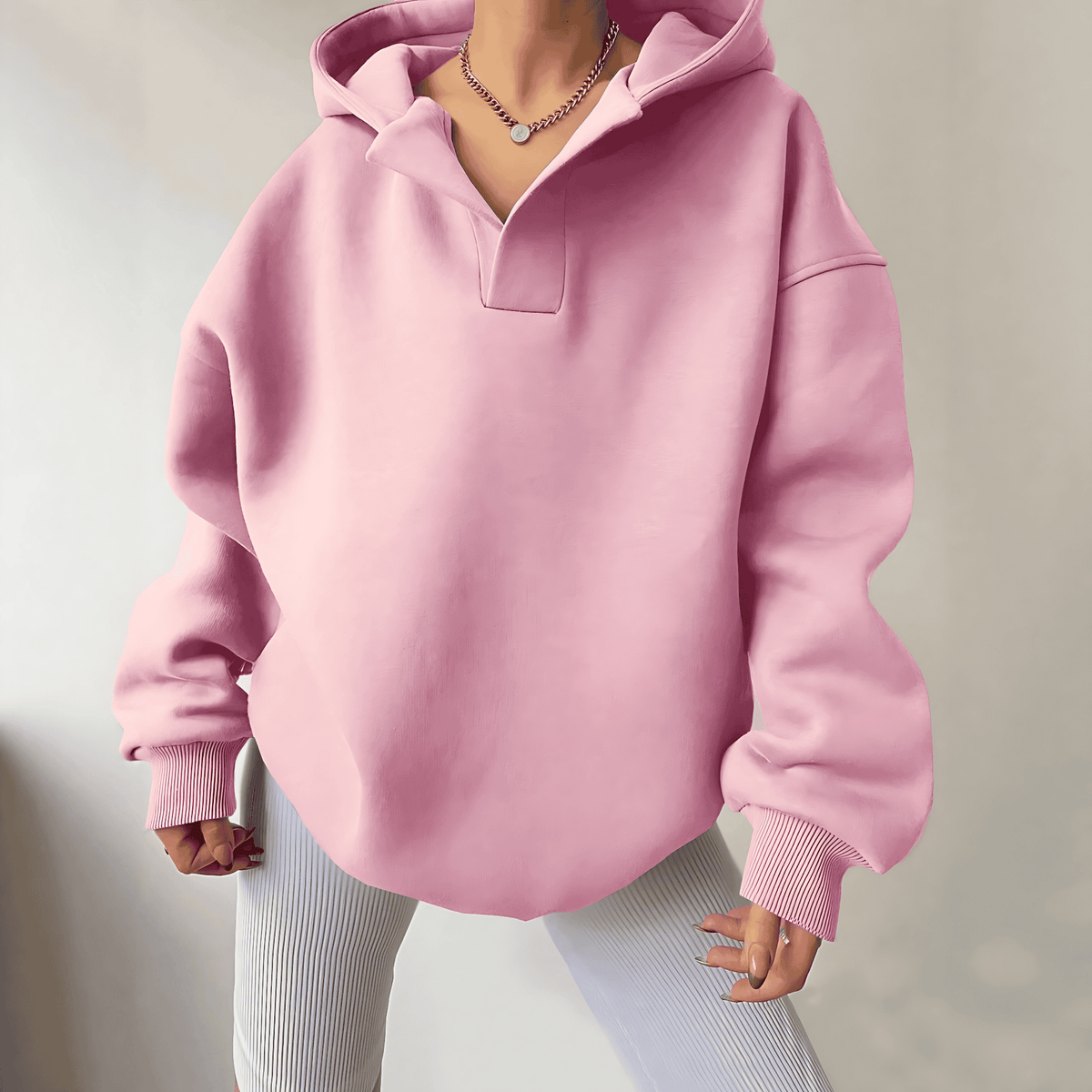 Comfortable Oversized Fleece Hoodie for Women with V Neck Long Sleeve Drop Shoulder Relaxed Style