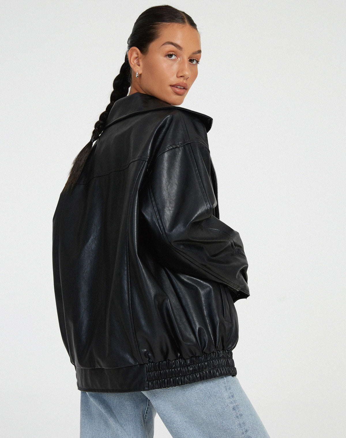 Effortless Faux Leather Jacket for Women with Collared Long Sleeve Oversized Relaxed Style