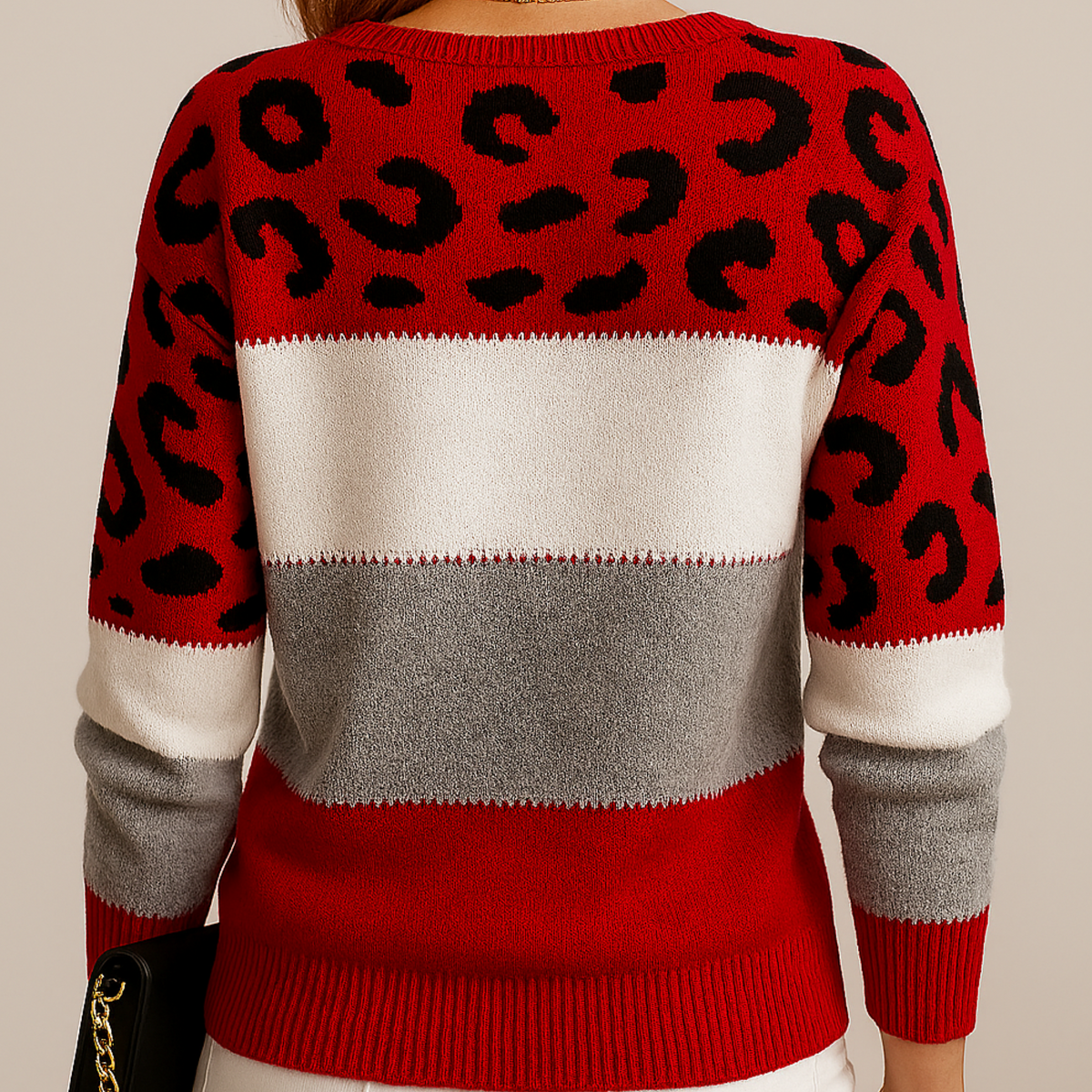 Comfortable Leopard Print Colorblock Sweater for Women with Crew Neck Long Sleeve Relaxed Oversized Knit Style