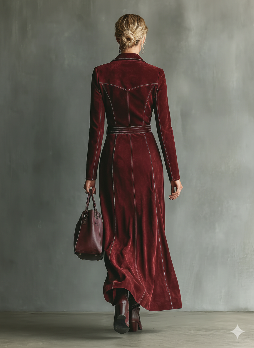Retro Long Sleeve Faux Suede Dress in Burgundy with Color-Block Edging