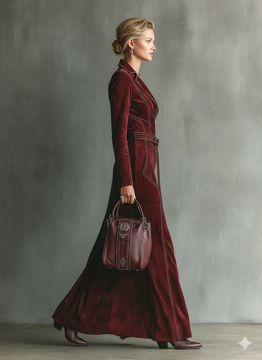Women's Burgundy Suede-Look Maxi Dress with V Neckline for Fall Evenings